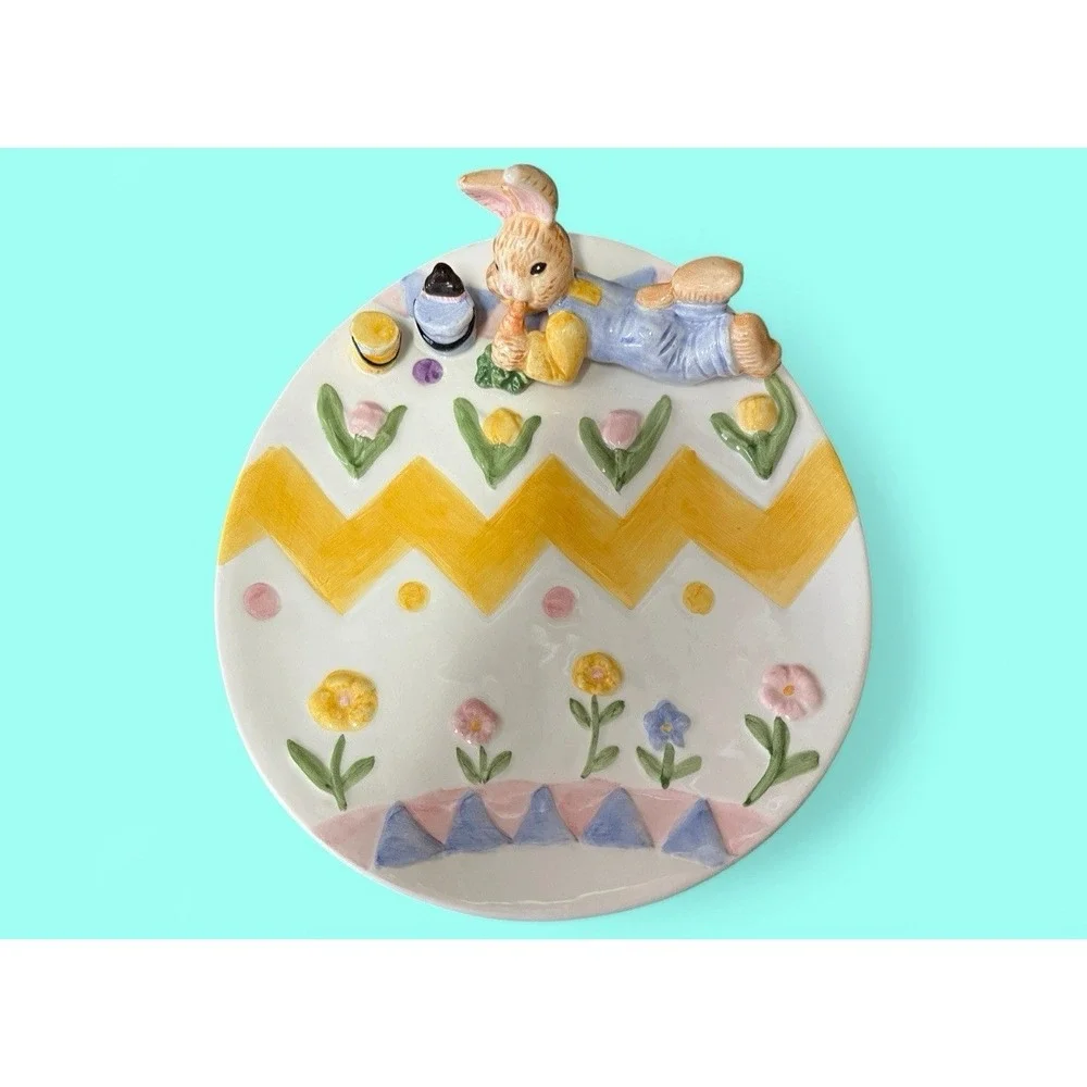 Fitz & Floyd Omnibus Eggspress Bunny‎ Rabbit Plate Cup Set Pastel Spring Vintage